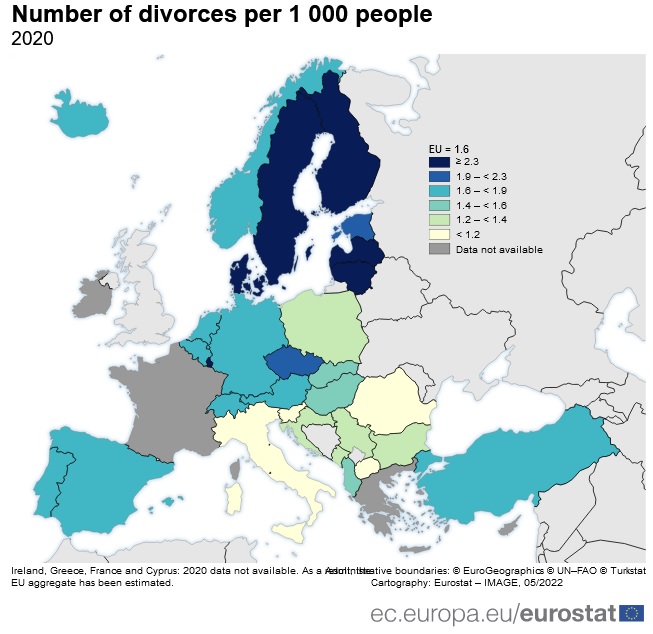 How many marriages and divorces took place in UE in 2020?