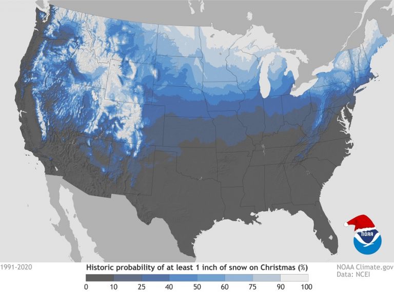 USA: Probability of at least 1 inch of snow on Christmas