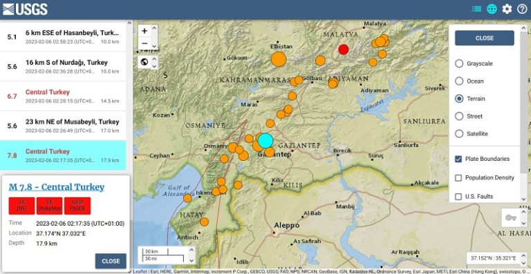 Earthquake in Turkey on the USGS map