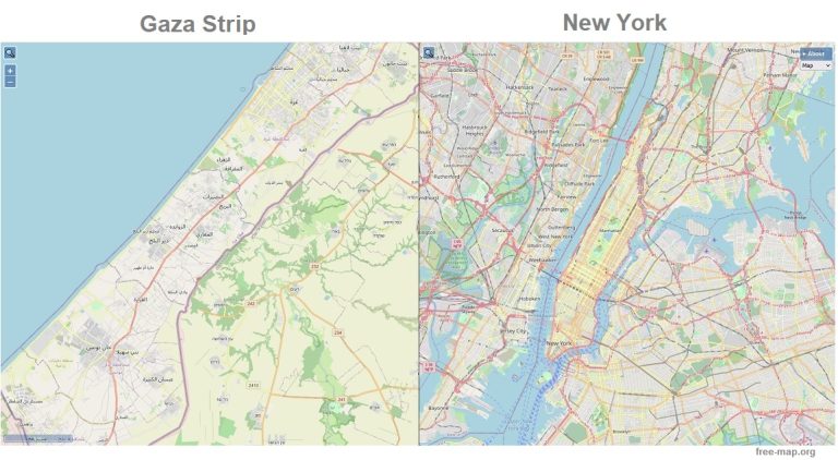 Comparison of the size of the Gaza Strip to New York